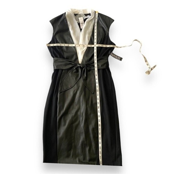 New York & Company Faux Leather Front Bow V-Neck Sleeveless Black Cocktail Dress - Picture 7 of 10